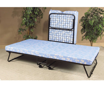 My Furniture black metal foldable guest bed with blue floral-patterned mattress, shown open and folded for storage.