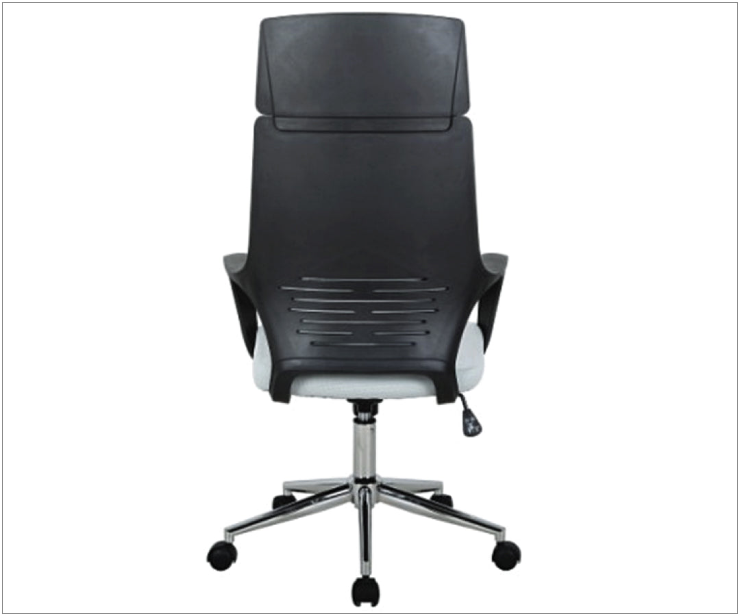 Back view of a modern ergonomic office chair with black ventilated shell and chrome base from the Office Furniture collection at My Furniture Stores in Mississauga, London, Scarborough, Brampton.