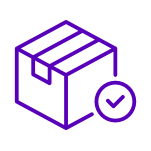 My Furniture purple line art icon of a sealed delivery box with a checkmark, representing confirmed shipment or delivery.