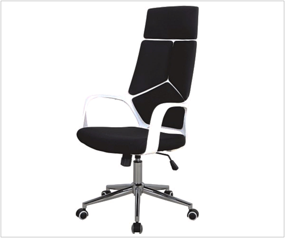 Modern black and white high-back ergonomic office chair with chrome base, from the Office Furniture collection at My Furniture Stores in Mississauga, London, Scarborough, Brampton.