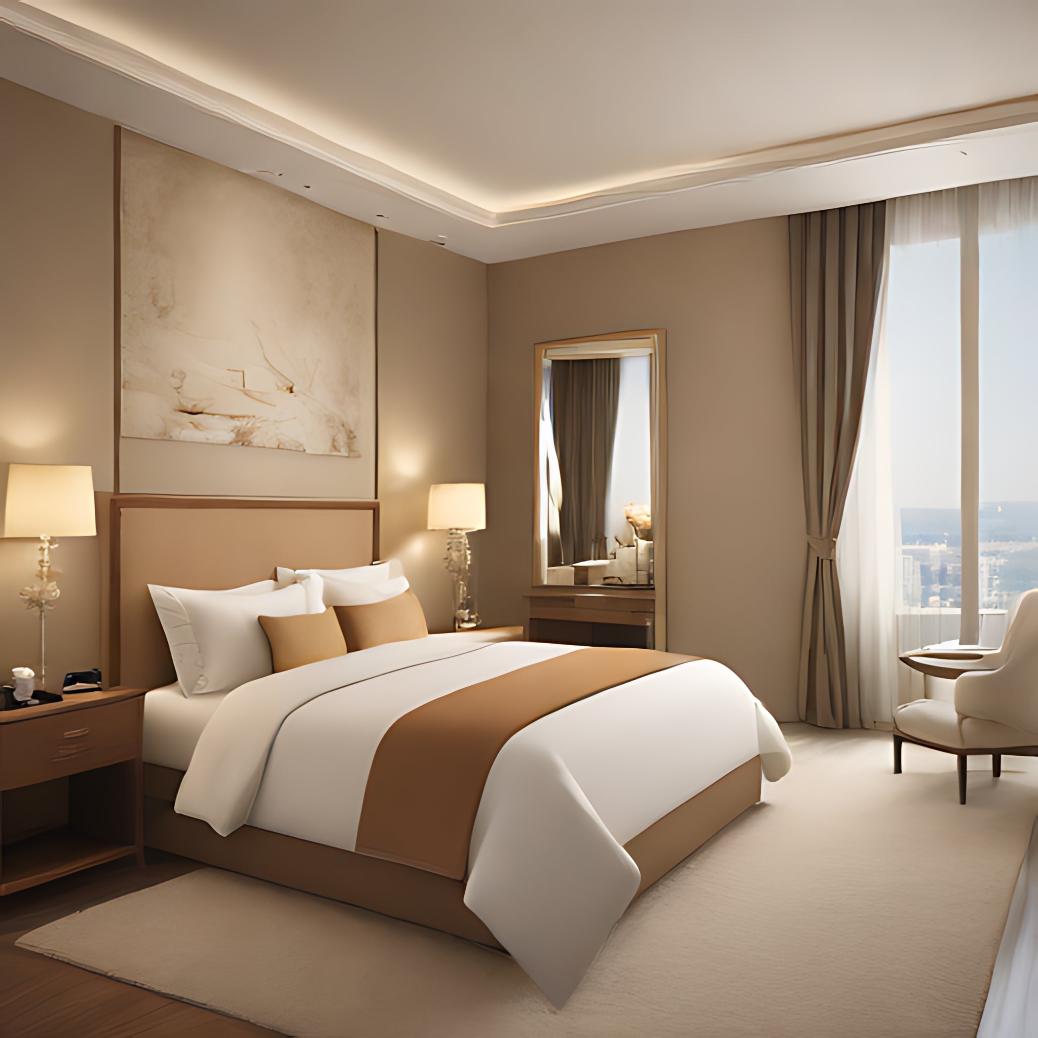 Elegant beige and white bedroom with modern furnishings and natural light, styled by My Furniture Stores in Mississauga, London, North York, Brampton.