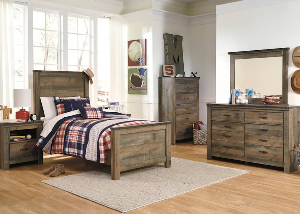 Rustic wooden kids' bedroom furniture set with bed, dresser, chest, and nightstand from My Furniture Stores in Mississauga, London, North York, Brampton.