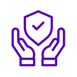 My Furniture purple line art icon of two hands holding a shield with a checkmark, symbolizing protection and warranty.
