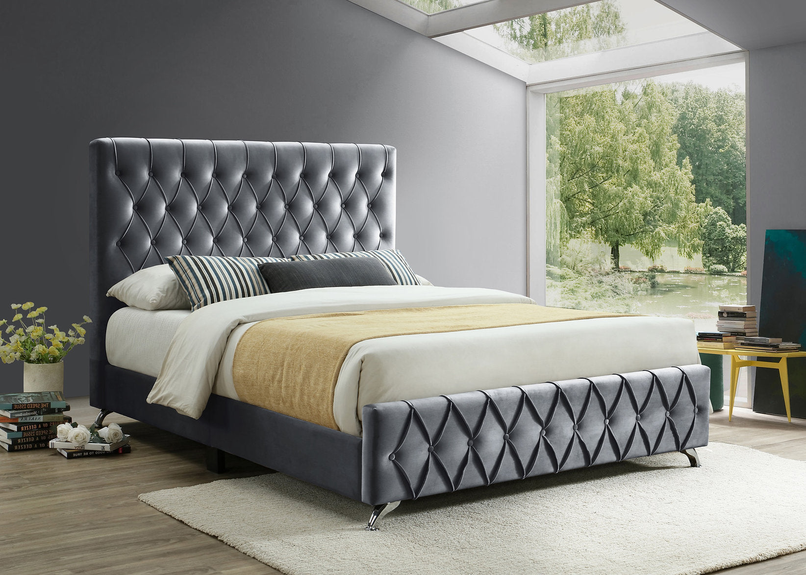 My Furniture offers a sleek, modern bed featuring a tufted grey headboard and footboard, perfect for adding elegance to any contemporary interior.