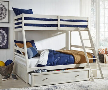 My Furniture white wooden bunk bed with ladder, twin over full design, navy blue constellation, themed bedding, and a storage drawer underneath, perfect for kids’ rooms.