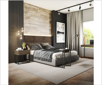 My Furniture contemporary low-profile platform bed with gray upholstered headboard, matching nightstand and side table with black metal frames, styled in a sleek, minimalist room.